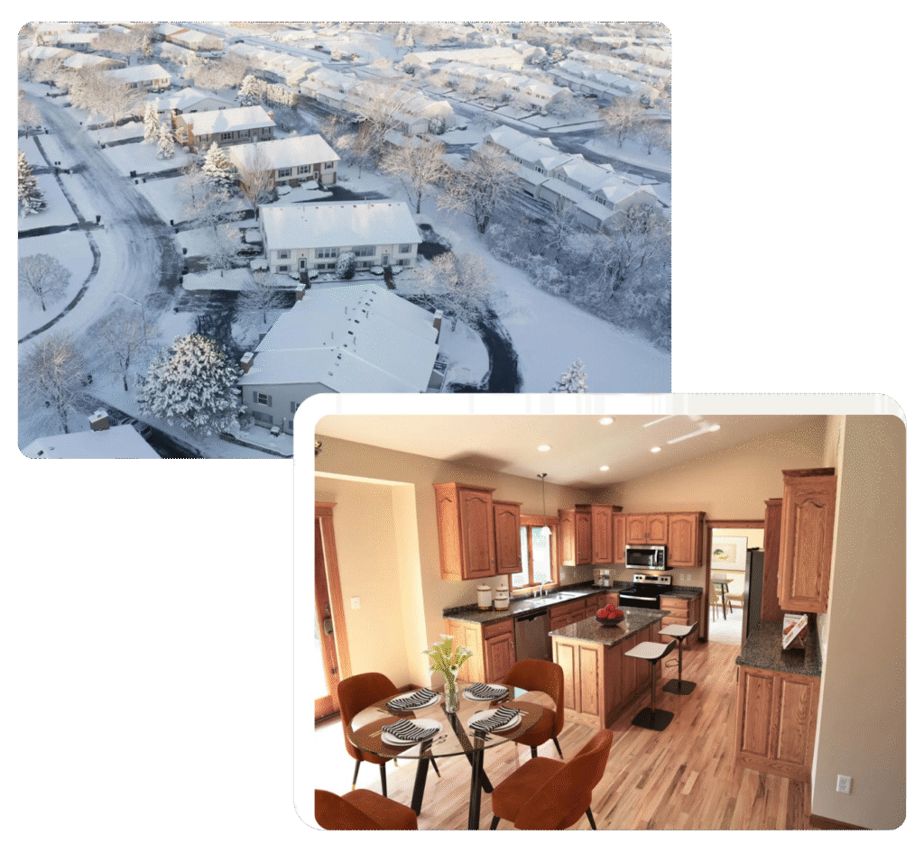 Aerial view of a neighborhood in Brooklyn Center, MN and the inside of a property that we bought for cash