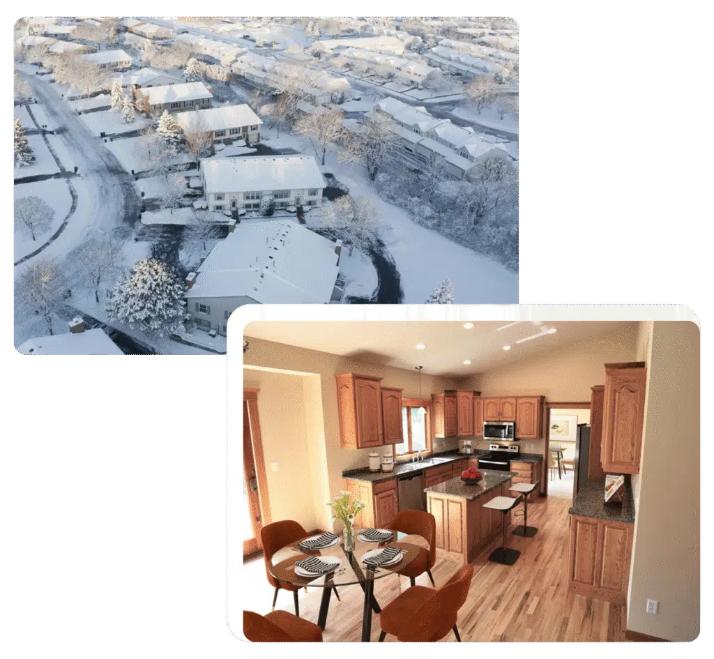 Aerial view of a neighborhood in Brooklyn Center, MN and the inside of a property that we bought for cash